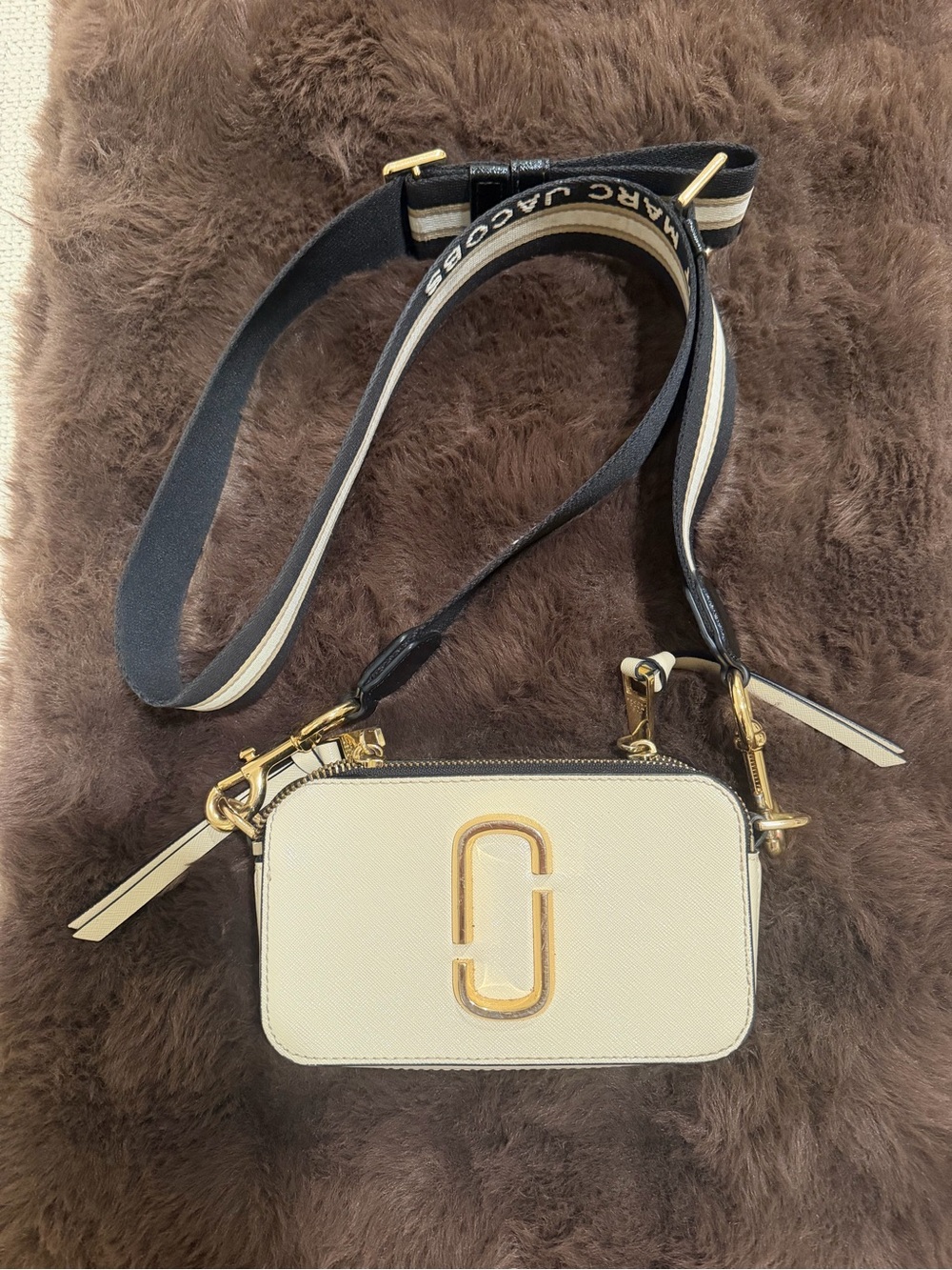 Marc Jacobs Cream Snapshot Crossbody with Gold Hardware and Striped Strap
